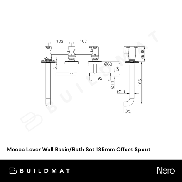 Nero Mecca Lever Wall Basin/Bath Set 185mm Offset Spout (Complete Kit) Tumbled Antique Brass