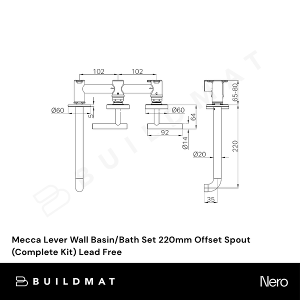 Nero Mecca Lever Wall Basin/Bath Set 220mm Offset Spout (Complete Kit) Rome Bronze Lead Free