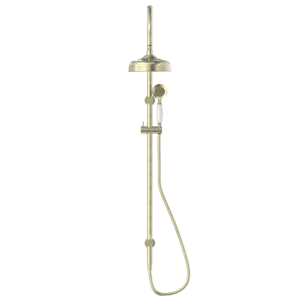 Nero York Twin Shower with White Porcelain Hand Shower Aged Brass