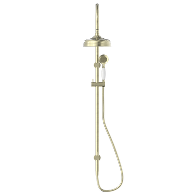 York Twin Shower with White Porcelain Hand Shower Aged Brass