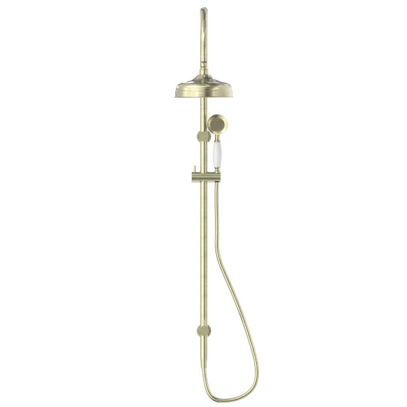 York Twin Shower with White Porcelain Hand Shower Aged Brass