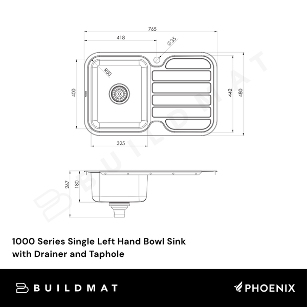 Phoenix 1000 Series Single Left Hand Bowl Sink with Drainer and Taphole Stainless Steel