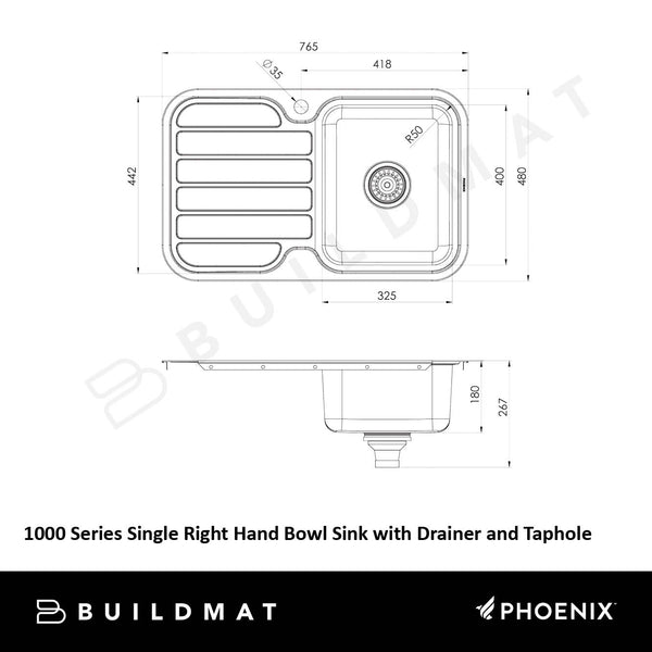 Phoenix 1000 Series Single Right Hand Bowl Sink with Drainer and Taphole Stainless Steel