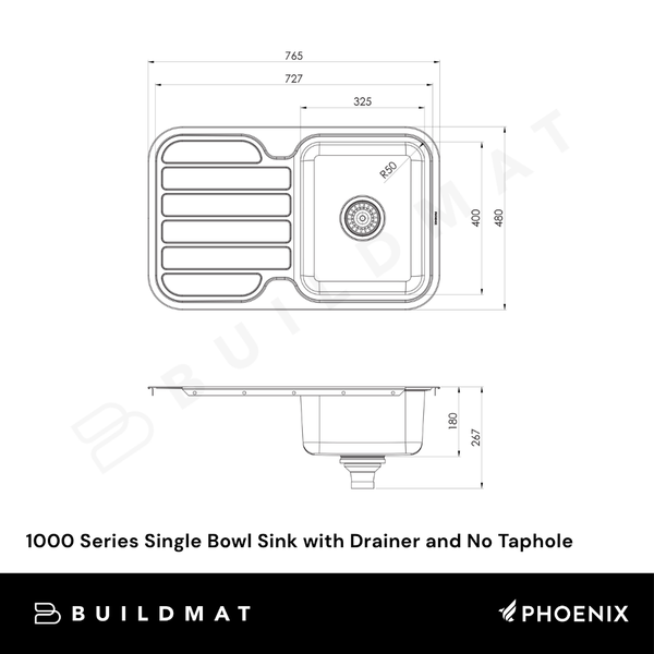 Phoenix 1000 Series Single Bowl Sink with Drainer and No Taphole Stainless Steel