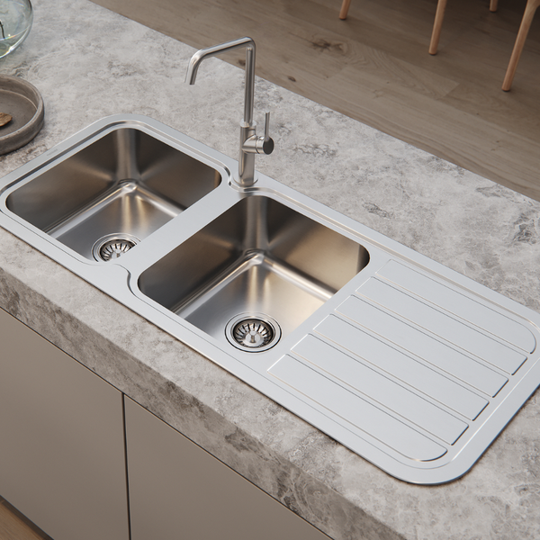Phoenix 1000 Series Double Left Hand Bowl Sink with Drainer and Taphole Stainless Steel