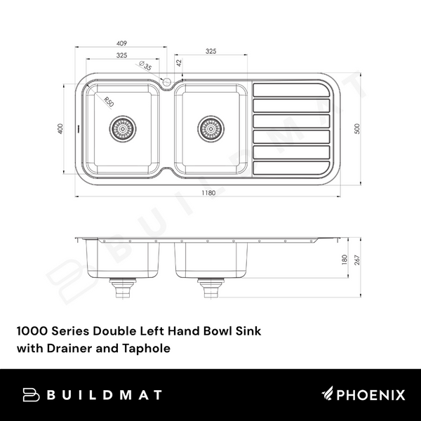 Phoenix 1000 Series Double Left Hand Bowl Sink with Drainer and Taphole Stainless Steel