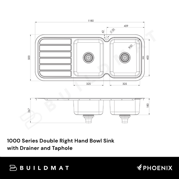 Phoenix 1000 Series Double Right Hand Bowl Sink with Drainer and Taphole Stainless Steel