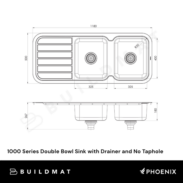 Phoenix 1000 Series Double Bowl Sink with Drainer and No Taphole Stainless Steel