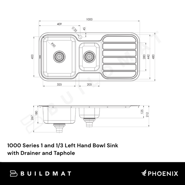 Phoenix 1000 Series 1 and 1/3 Left Hand Bowl Sink with Drainer and Taphole Stainless Steel