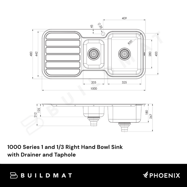 Phoenix 1000 Series 1 and 1/3 Right Hand Bowl Sink with Drainer and Taphole Stainless Steel