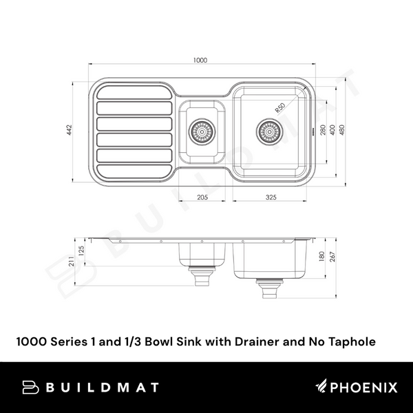 Phoenix 1000 Series 1 and 1/3 Bowl Sink with Drainer and No Taphole Stainless Steel