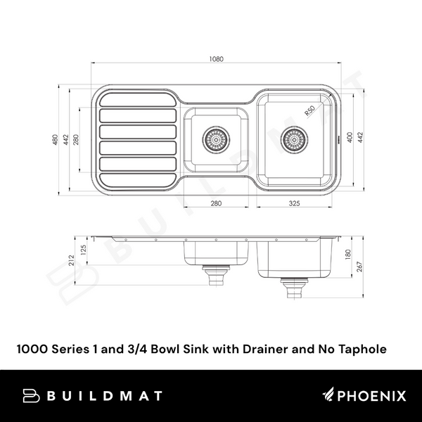 Phoenix 1000 Series 1 and 3/4 Bowl Sink with Drainer and No Taphole Stainless Steel