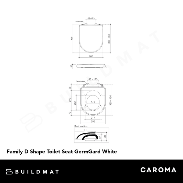 Caroma Family D Shape Toilet Seat GermGard White