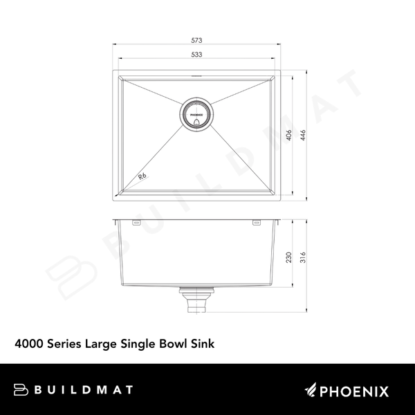 Phoenix 4000 Series Large Single Bowl Sink in Brushed Carbon