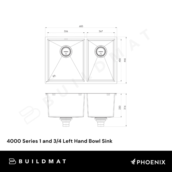 Phoenix 4000 Series 1 and 3/4 Left Hand Bowl Sink Stainless Steel