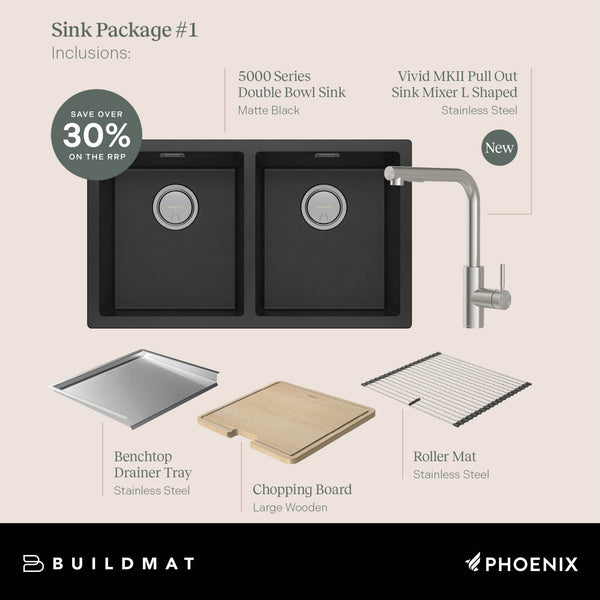 Phoenix 5000 Series Double Bowl Matte Black Sink with Vivid MKII Stainless Steel Mixer Package