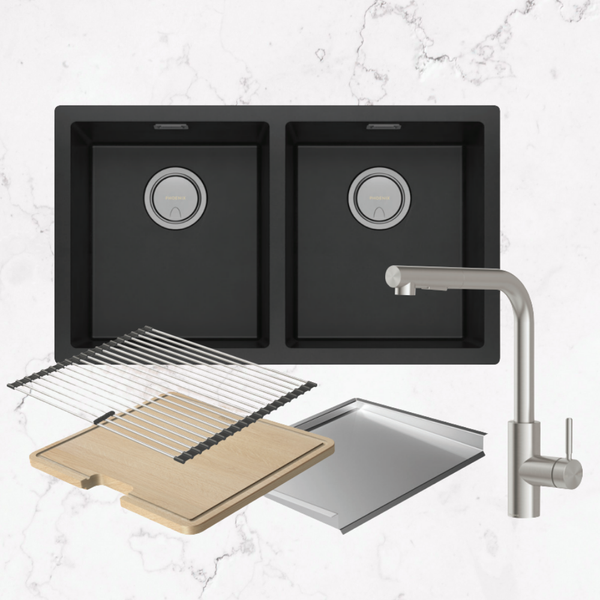 Phoenix 5000 Series Double Bowl Matte Black Sink with Vivid MKII Stainless Steel Mixer Package