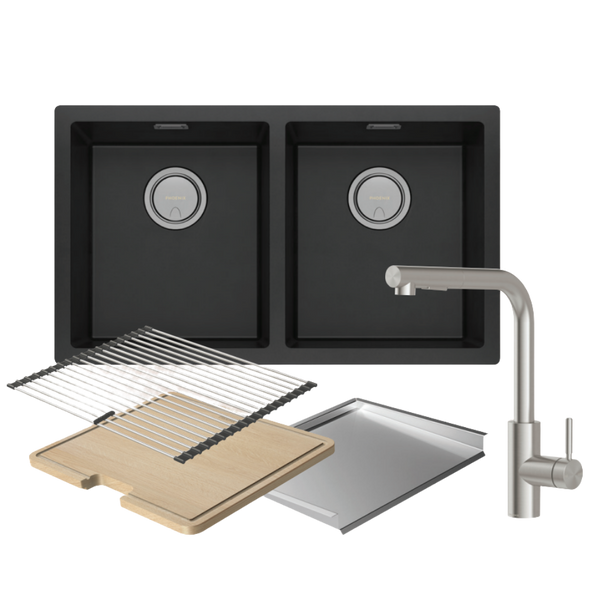 Phoenix 5000 Series Double Bowl Matte Black Sink with Vivid MKII Stainless Steel Mixer Package