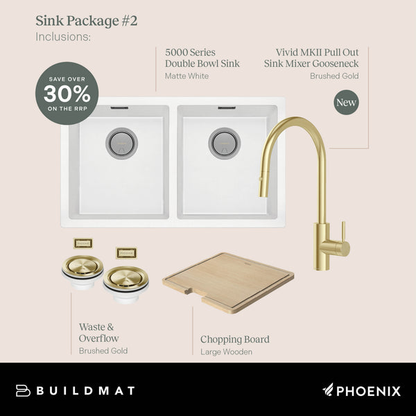 Phoenix 5000 Series Double Bowl Matte White Sink with Vivid MKII Brushed Gold Mixer Package