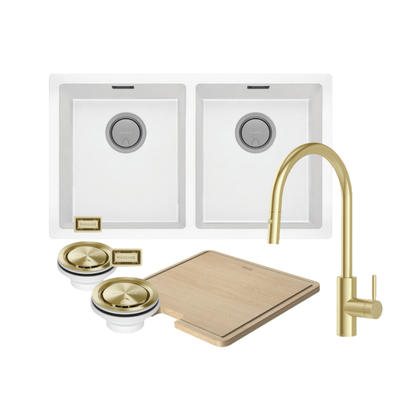 Phoenix 5000 Series Double Bowl Matte White Sink with Vivid MKII Brushed Gold Mixer Package