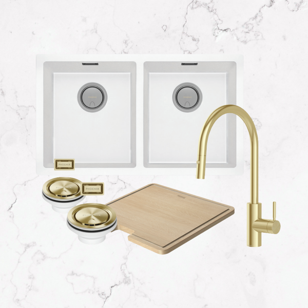 Phoenix 5000 Series Double Bowl Matte White Sink with Vivid MKII Brushed Gold Mixer Package