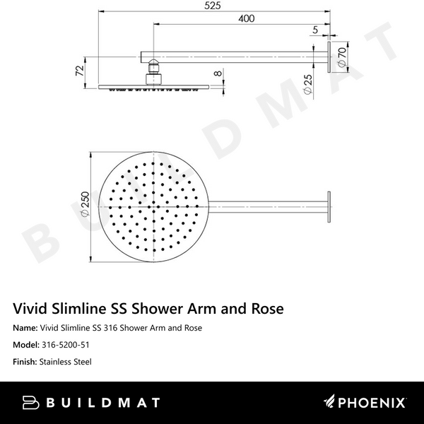 Phoenix Vivid Slimline SS 316 Shower Arm & 250mm Rose  Stainless Steel
