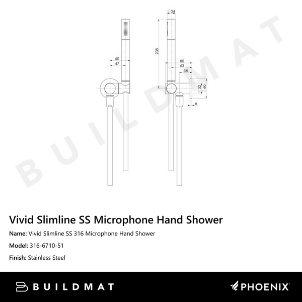 Phoenix Vivid Slimline SS 316 Microphone Hand Shower Stainless Steel