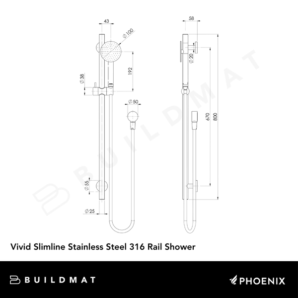 Phoenix Vivid Slimline SS 316 Rail Shower Stainless Steel