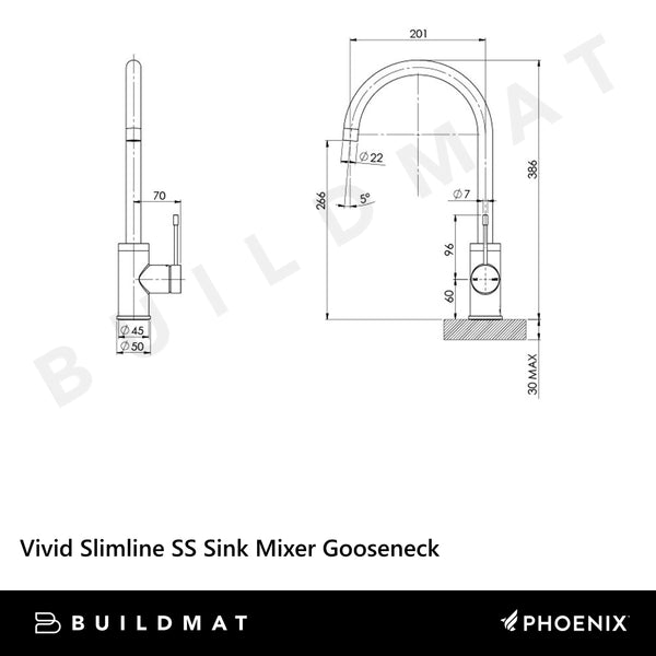 Phoenix Vivid Slimline SS 316 Sink Mixer 200mm Gooseneck Stainless Steel Lead Free