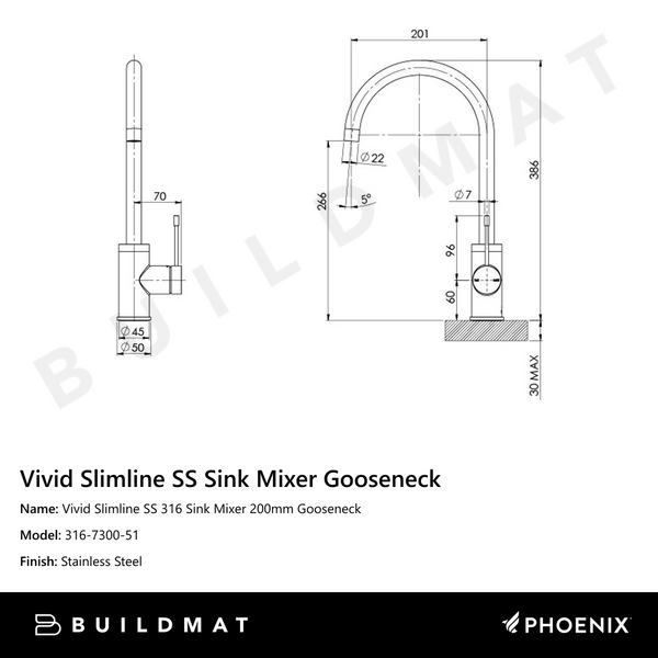 Phoenix Vivid Slimline SS 316 Sink Mixer 200mm Gooseneck Stainless Steel