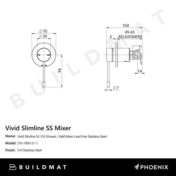 Phoenix Vivid Slimline SS 316 Shower / Wall Mixer Lead Free Stainless Steel