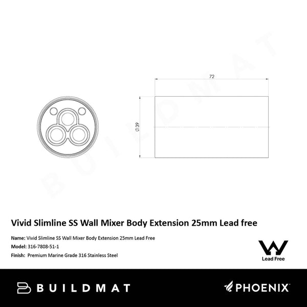 Phoenix Vivid Slimline SS Wall Mixer Body Extension 25mm Lead Free