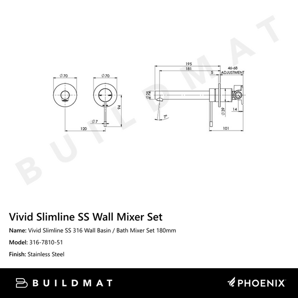 Phoenix Vivid Slimline SS 316 Wall Basin / Bath Mixer Set 180mm  Stainless Steel