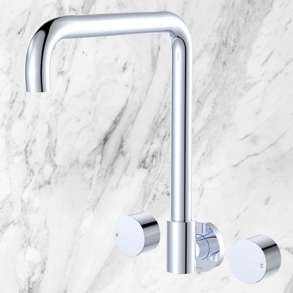 Fienza Kaya Squareline Wall Set Round Taps Chrome Lead Free