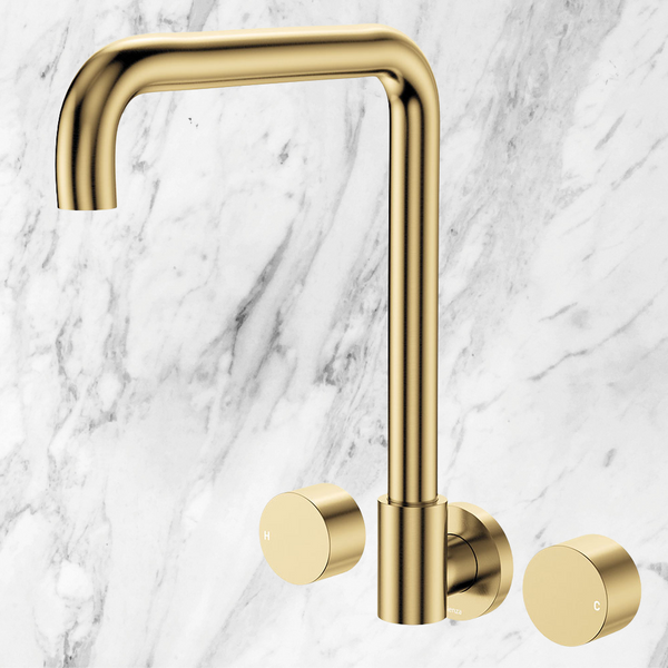 Fienza Kaya Squareline Wall Set Round Taps Urban Brass Lead Free