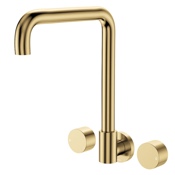 Fienza Kaya Squareline Wall Set Round Taps Urban Brass Lead Free