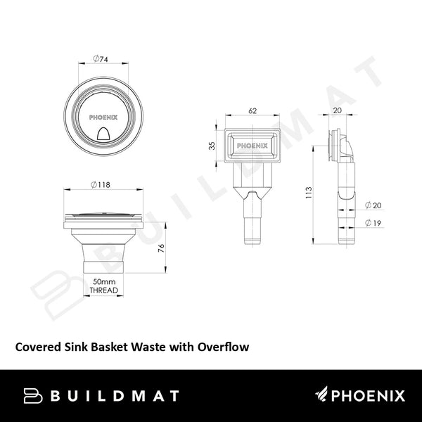 Phoenix Covered Sink Basket Waste with Overflow Matte Black