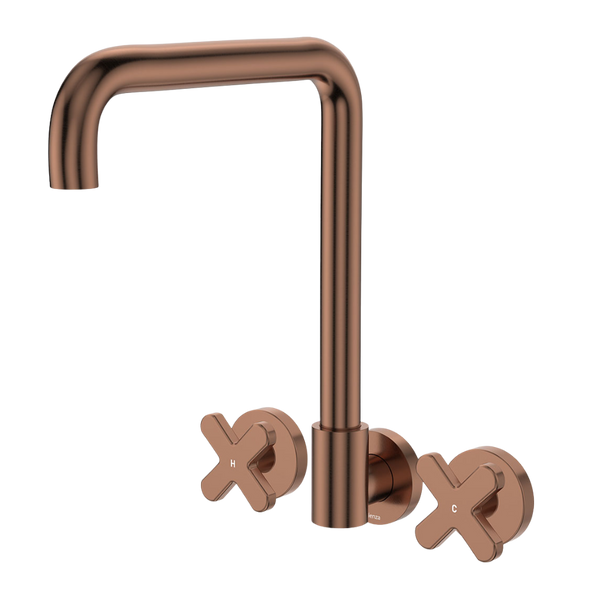 Fienza Kaya Squareline Wall Set Cross Taps Brushed Copper Lead Free