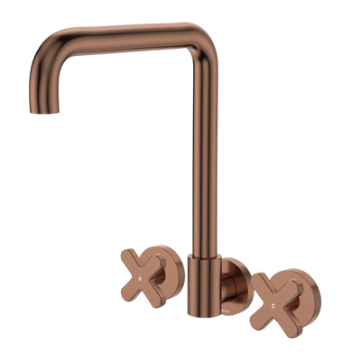 Fienza Kaya Squareline Wall Set Cross Taps Brushed Copper Lead Free
