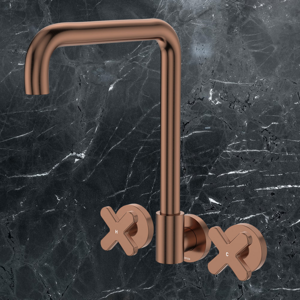 Fienza Kaya Squareline Wall Set Cross Taps Brushed Copper Lead Free