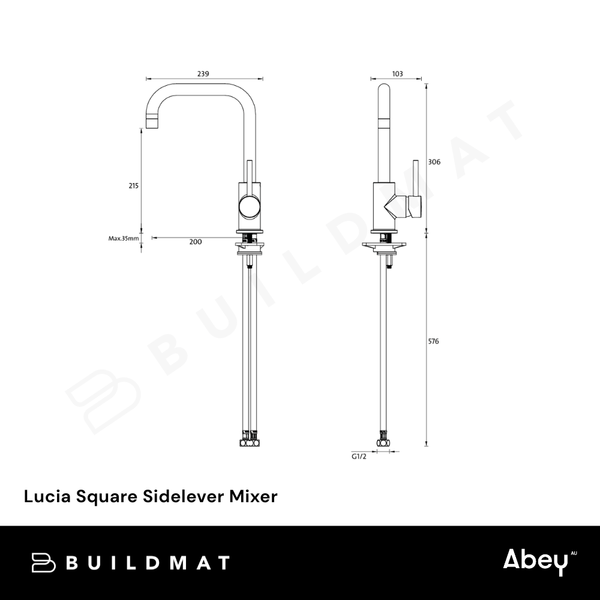 Abey Lucia Square Sidelever Mixer Chrome Lead Free