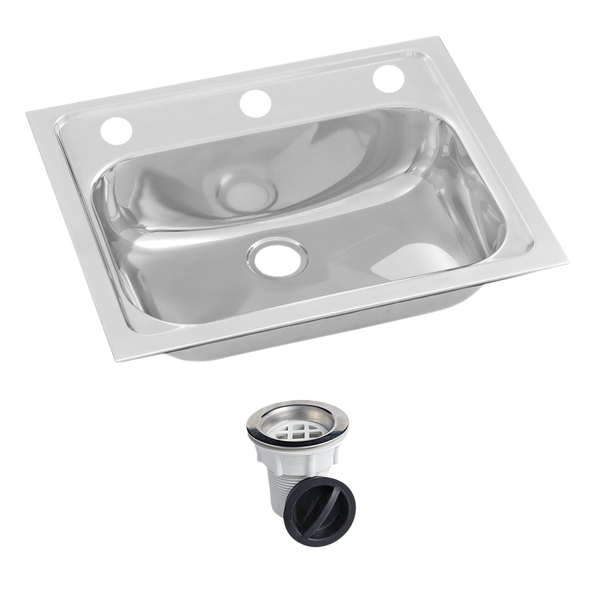 3monkeez Inset Stainless Steel Hand Basin 3 Tap Hole with Plug and Waste.