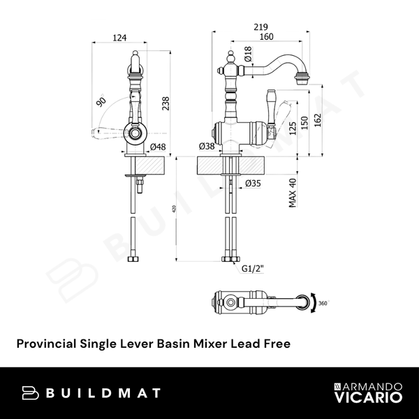 Armando Vicario Provincial Single Lever Basin Mixer Brushed Nickel Lead Free