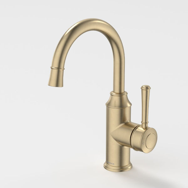 Caroma Riviere Gooseneck Basin Mixer Brushed Brass