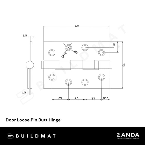 Zanda Door Loose Pin Butt Hinge Matte Black