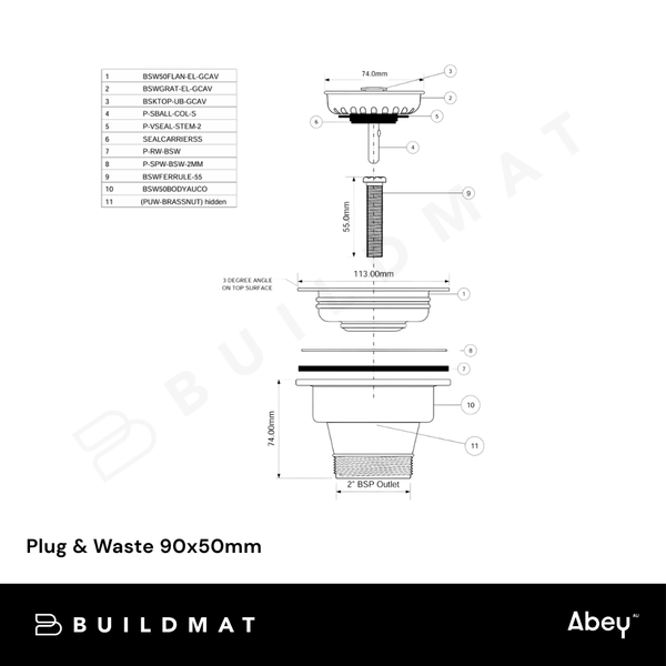 Abey Plug & Waste 90x50mm Matt Black