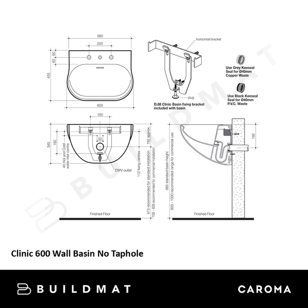 Caroma Clinic 600 Wall Basin No Taphole White