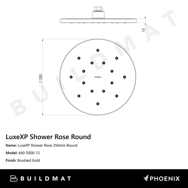 Phoenix LuxeXP Shower Rose 250mm Round Brushed Gold