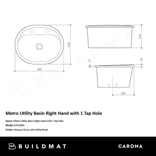 Caroma Metro Utility Basin Right Hand with 1 Tap Hole