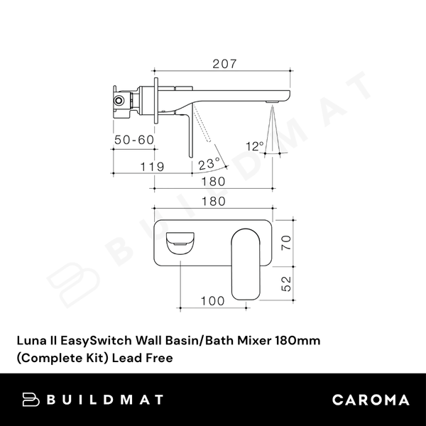 Caroma Luna II EasySwitch Wall Basin/Bath Mixer 180mm (Complete Kit) Chrome Lead Free